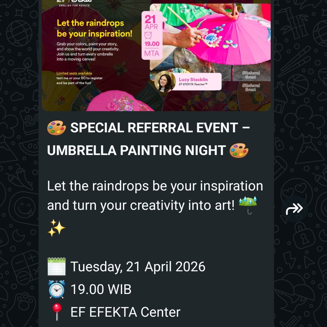 wtdlst's tweet photo. Pengen ikut ini tapi engga ada temen, Ada yang mau join engga? Aku di EF Center Mal Taman Anggrek. Boleh DM aku kalo mau yaa. #EF #EFAdults https://t.co/pcYfWFbVXh