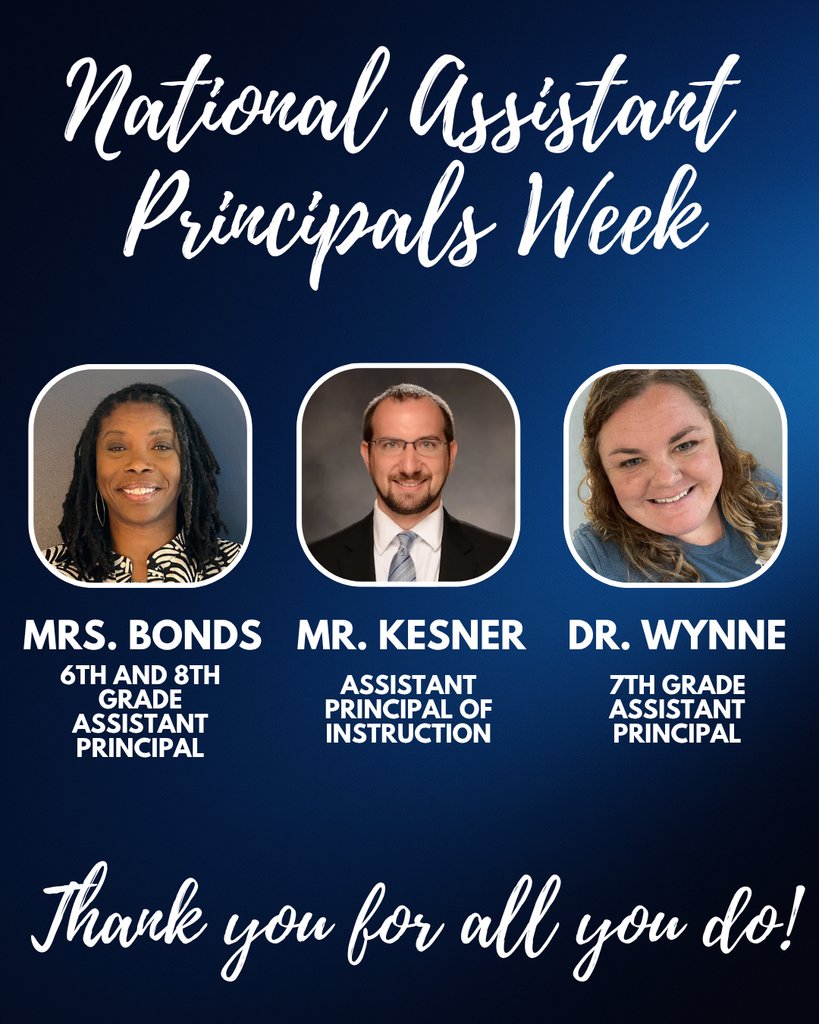 IndianRiverMid1's tweet photo. Behind every strong school community is a dedicated assistant principal 💙

Thank you to Mr. Kesner, Mrs. Bonds, and Dr. Wynne for your leadership, resilience, and heart. We appreciate all you do!

#CPSCelebrates #APWeek #AssistantPrincipalsWeek https://t.co/GdwAN0MJhu