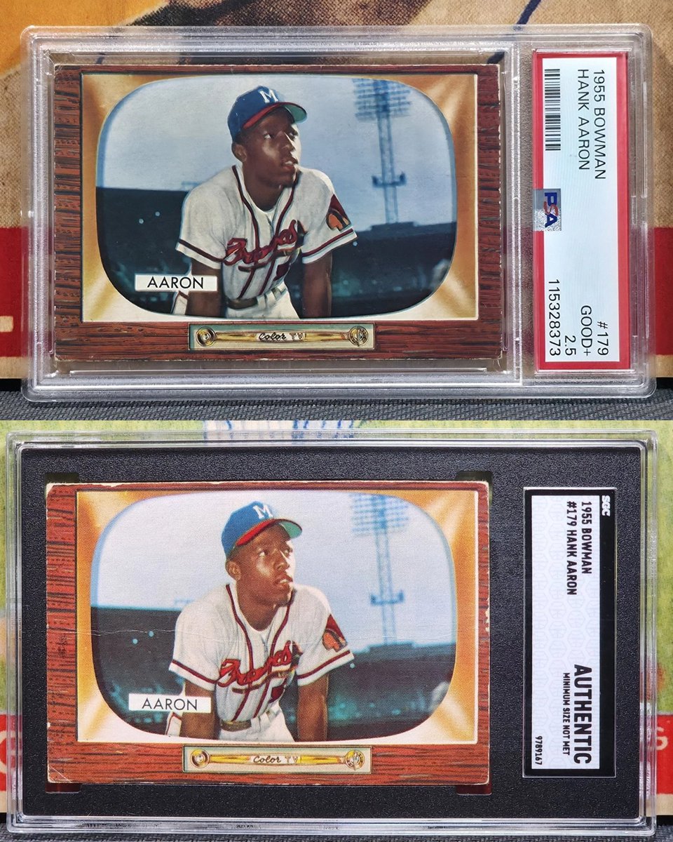 iconsportsUS's tweet image. A couple of nice Hammerin Hank's For Sale:
1955 Bowman Hank Aaron
PSA 2.5: $335
SGC Authentic, Minimum Size Not Met:  $185
Free shipping within the US. 
RT's always appreciated. 
#hankaaron #hammerinhank #homerunking #1955bowman #vintagecards