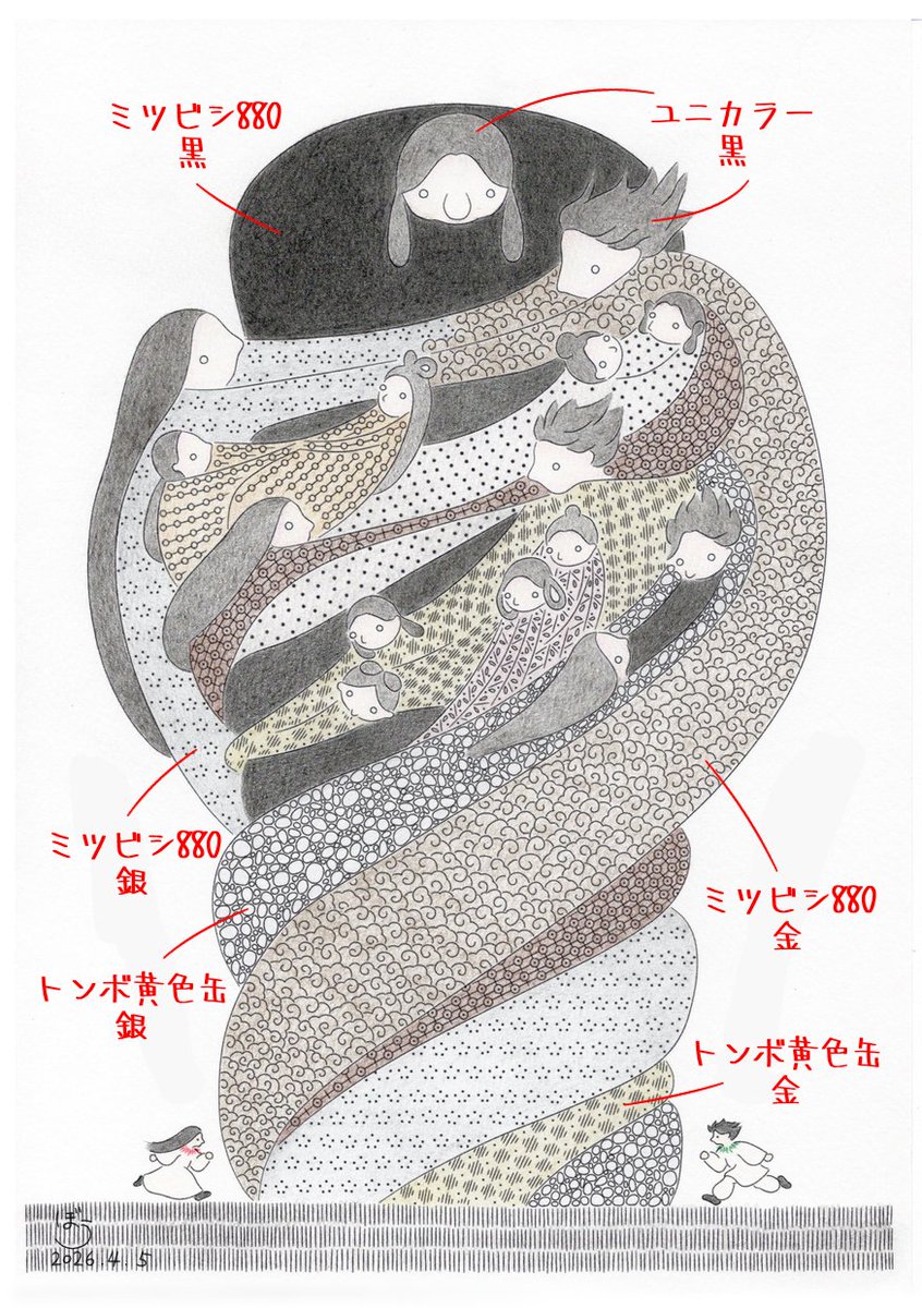先日投稿した天之御柱の絵、家中の色鉛筆を集めて黒、金、銀をたくさん使って塗りました。
同じ色名でも商品によって違いが大きかったので、↓のように書いてみました。
どの色もこれ以上は色が乗らないとこまで塗り重ねてます。
どなたかの役に立つかしら✏️