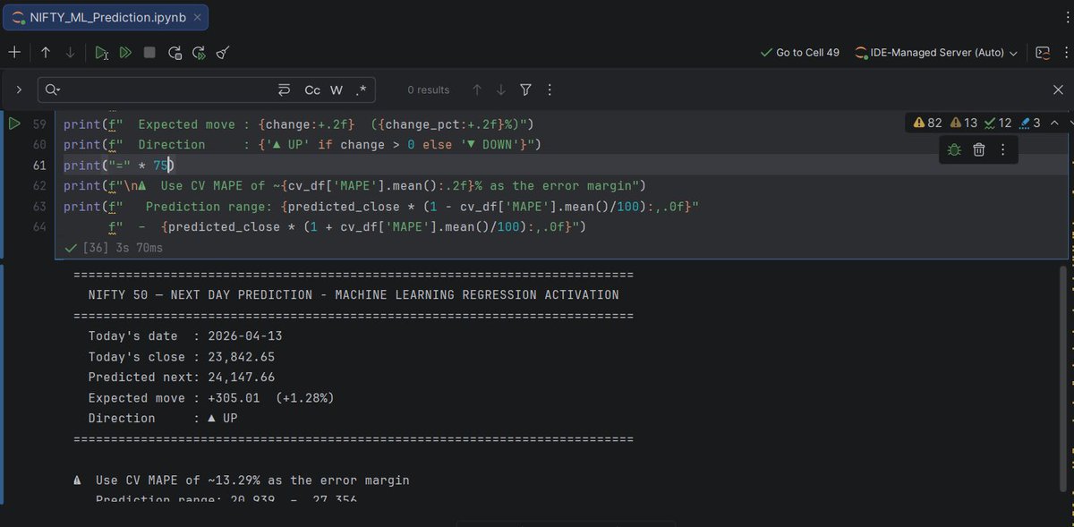 scorpiomanojFRM's tweet image. #Nifty 23842
Have been trying some basic machine  learning in Python that trains by itself from data since 2013 along with most significant features / TA selected using 8 models, on daily basis based on the errors to predict next days nifty . 

Tells Tom’s close 24148 , up by 305