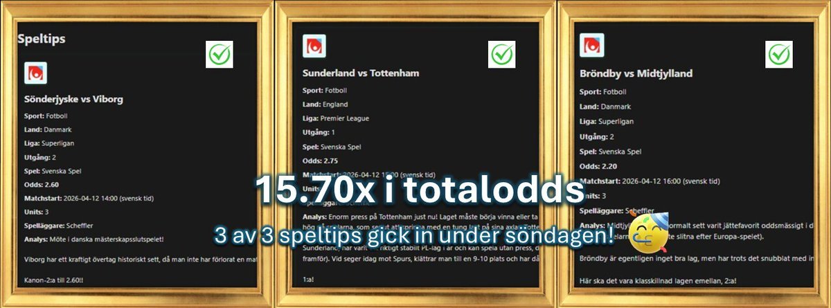 Oddsdrops's tweet photo. 💥3 av 3 speltips satt i söndags, till ett totalodds på 15.70 ggr pengarna!💥

Ni hittar våra dagliga speltips under fliken "Oddsdrops - Speltips" inne på https://t.co/WhXC3A336T 👊

#betting #speltips #oddsdrops #fotboll #odds https://t.co/VV1Whj4eEe
