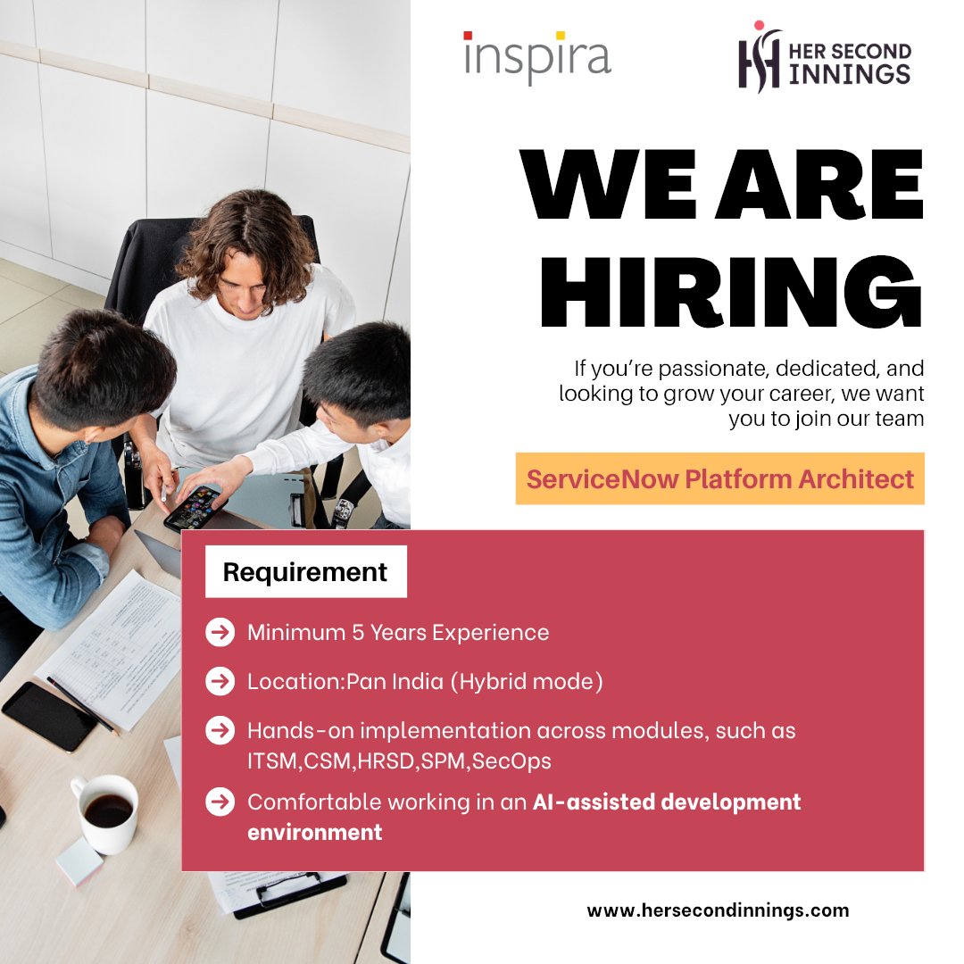 her2nd_innings's tweet image. Looking for an immediate joiner with strong expertise in designing scalable and high-performing ServiceNow solutions.
📩 Immediate joiners preferred:bit.ly/4cnrhH2
#ServiceNow #ServiceNowArchitect #ServiceNowJobs #ITJobs