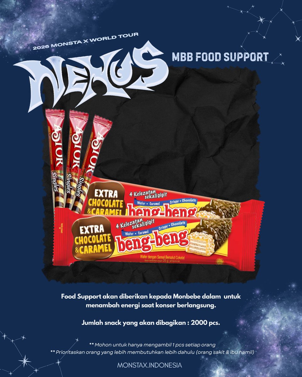 🍫 FOOD SUPPORT FOR MONBEBE 🍫

As part of THE NEXUS Jakarta fanproject,
we’ve prepared a small food support for Monbebe 💙

📍 After ticket check, inside venue

A little token of love to keep your energy up
as we enjoy this special day together ✨

See you there, and don’t