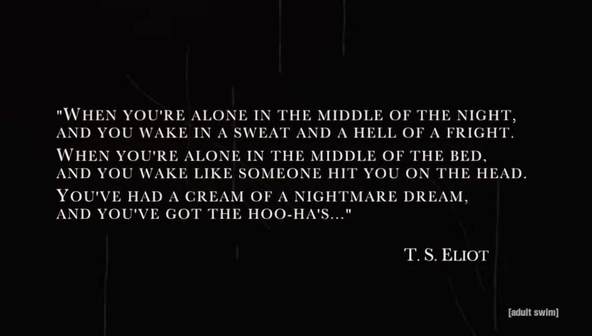 LunariaCamellia's tweet photo. I've been laughing about this quote for longer than is appropriate.
Maybe I have the Hoo-Ha's...âšđ»
#rickandmorty #chaosday #tseliot #writingcommunity https://t.co/cdWEIFL83M