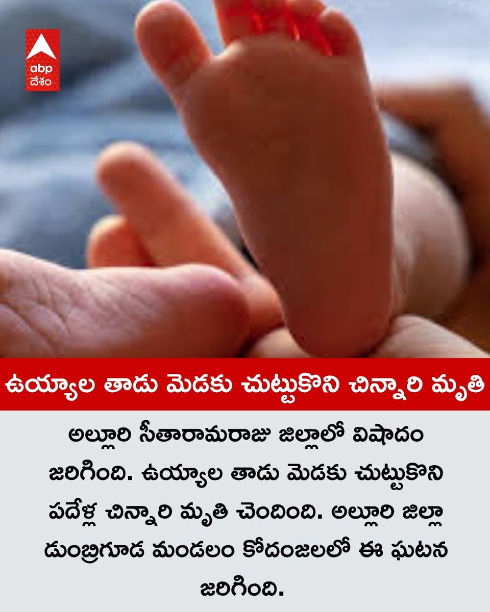 ABPDesam's tweet image. అల్లూరి సీతారామరాజు జిల్లాలో విషాదం జరిగింది. ఉయ్యాల తాడు మెడకు చుట్టుకొని పదేళ్ల చిన్నారి మృతి చెందింది. అల్లూరి జిల్లా డుంబ్రిగూడ మండలం కోదంజలలో ఈ ఘటన జరిగింది.

#kid #AlluriSeetharamaRaju #APNews #ABPDesam