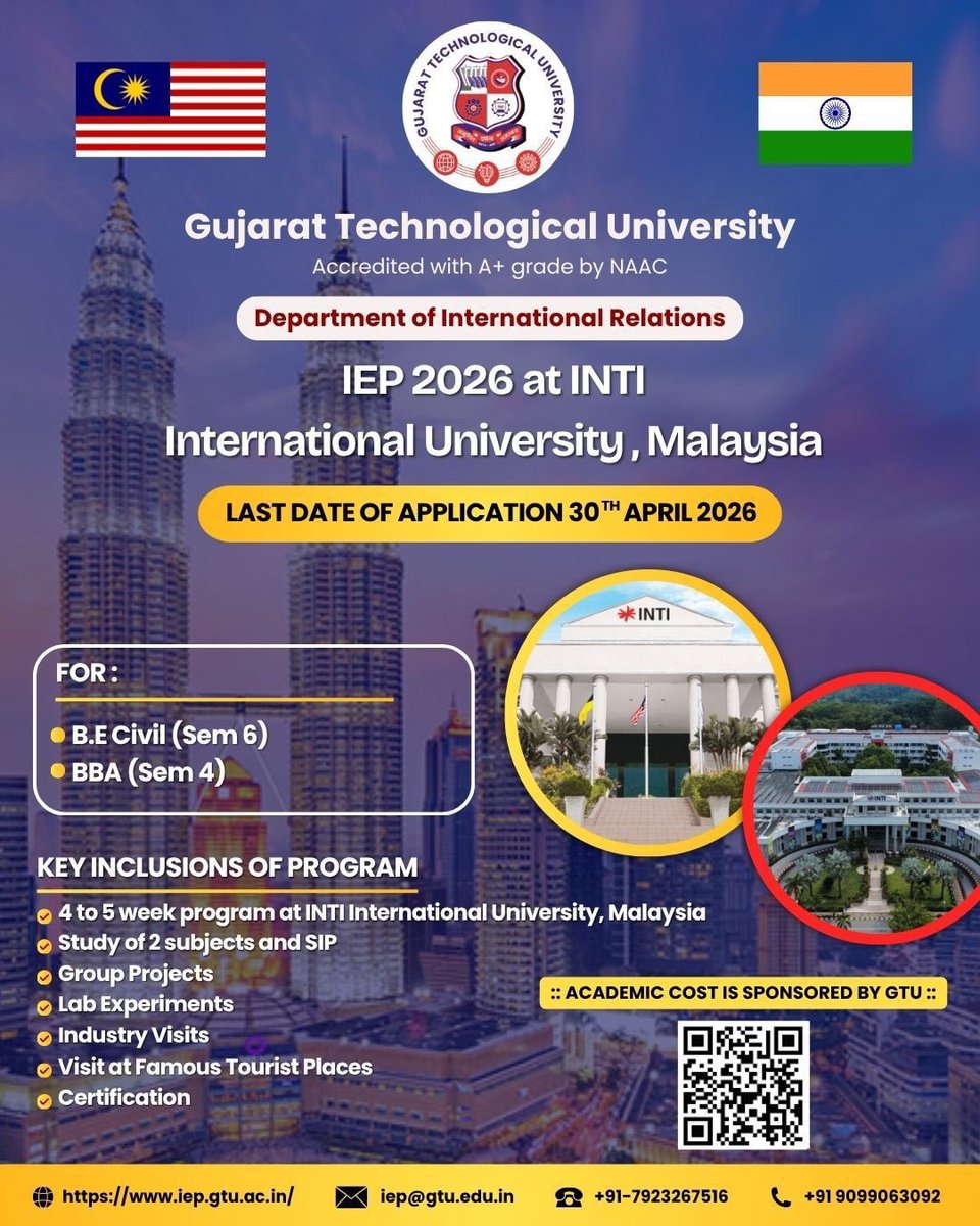 gtuoffice's tweet image. Step into Global Learning with GTU! 🌍

The International Experience Program (IEP) 2026 offers a valuable opportunity to study at INTI International University, Malaysia 🇲🇾

🌟Take a step towards global exposure, innovation, and international learning!

#GTU #IEP2026 #StudyAbroad