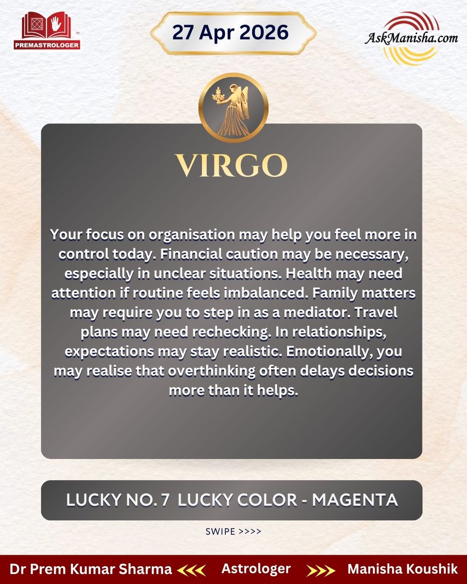 premastrologer's tweet image. Daily Horoscope for 27th April' 2026

#Leo #Virgo#Libra #Scorpio #Dailyhoroscope
To check your sign pls click the link below:
premastrologer.com/daily-forecast…

For personal consultation at +919216141456