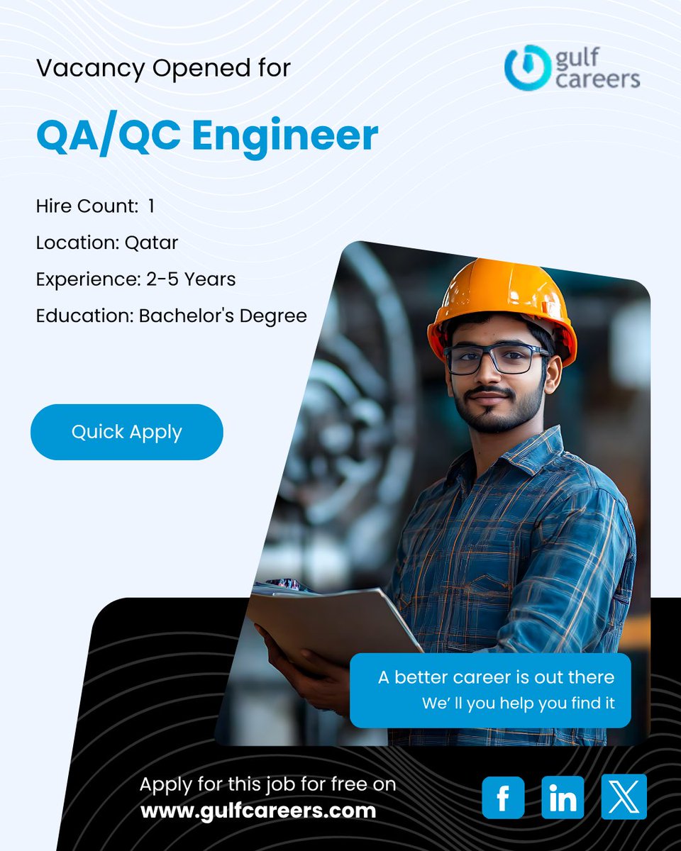 GulfcareersUae's tweet image. Position: Lead QA/QC Engineer 

🕑 Experience Required: 2–5 Years
💰 Salary: 4,000 – 5,000 (Monthly)
⏳ Application Deadline: April 30, 2026
🎓 Education Qualification: Bachelor’s Degree

gulfcareers.com/job/qatar/lead…

#QAQC #ElectricalEngineer #EngineeringJobs #ApplyNow