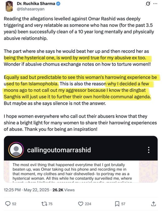 The Distorian Ruchika Sharma faced domestic violence &amp; abusive relationships at the hands of an Islamist for 10 years, but didn't call it out because "Sanghis will use it for communal agendas".

And you expect her to speak on the TCS corporate jihad issue  ???