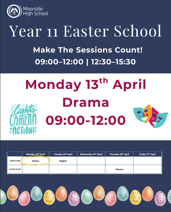 MoorsideHigh's tweet image. 📚🐣 Year 11 Easter School!
🎭 Drama – Monday 13 April, 09:00–12:00
Focused revision to boost confidence and results.
#EasterSchool #Year11 #MoorsideHighSchool #MakeItCount