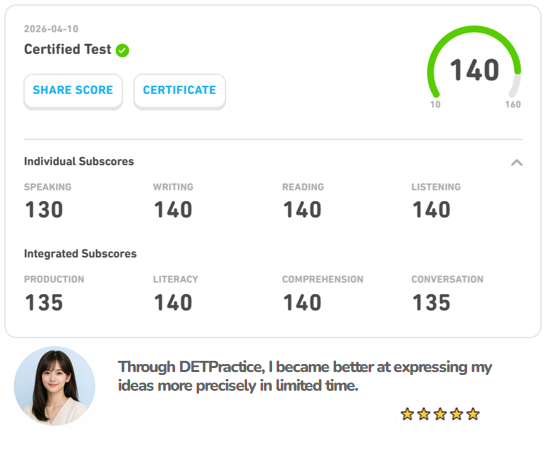PracticeDET's tweet image. 🇰🇷Soojin Lee scored 140 on the Duolingo English Test in 2 months.
With Mock Tests and AI Correction on detpractice.com, she improved precision, consistency, and confidence.
Get your 3-day FREE VIP and level up your DET prep today.
#DuolingoEnglishTest #DET #detpractice