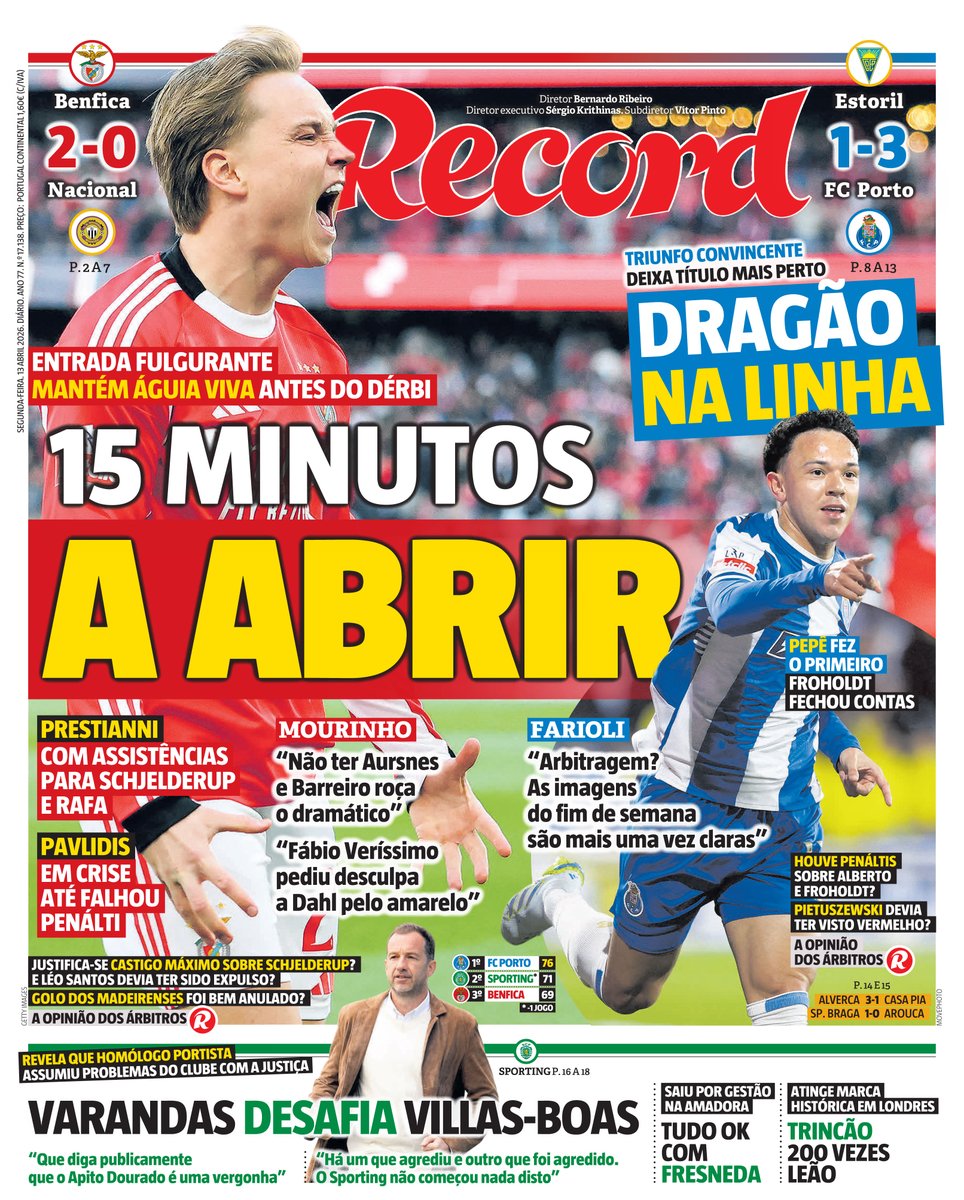 Record_Portugal's tweet image. Bom dia! A primeira página de Record de hoje, 13 de abril #capa #record