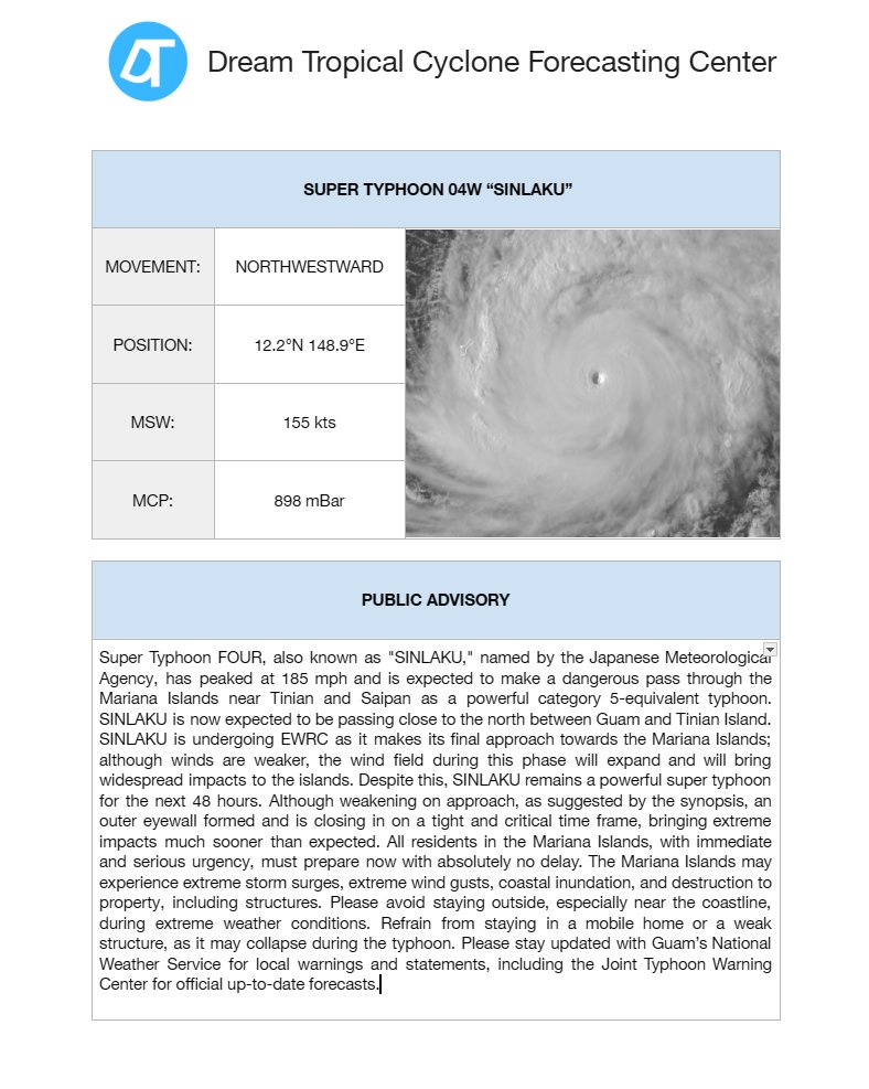 Kryezzy's tweet photo. West Pacific Tropical Cyclone Advisory – 4a  
Initial: 07z 13/04/2025 UTC  

#STY #Sinlaku remains a powerful category 5 undergoing EWRC, may lead to a double eyewall event as it approaches dangerously close to #Mariana Islands including #Guam.

More forecast information below: https://t.co/zvv6B7LQVT