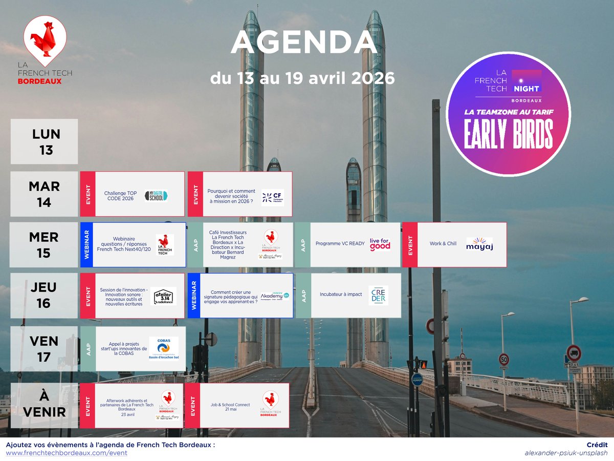 FrenchTechBdx's tweet image. 📆 Vos événements #FrenchTech #Bordeaux de la semaine avec MyDigitalSchool, Compagnie Fiduciaire, @Live_for_Good, Mayaj, Café Investisseurs @ladirection_io, @BMstartupwin, @radiofrance, @innovakademy, CREDER, COBAS ... 🚀

L'agenda 👉 frenchtechbordeaux.com/nos-evenements