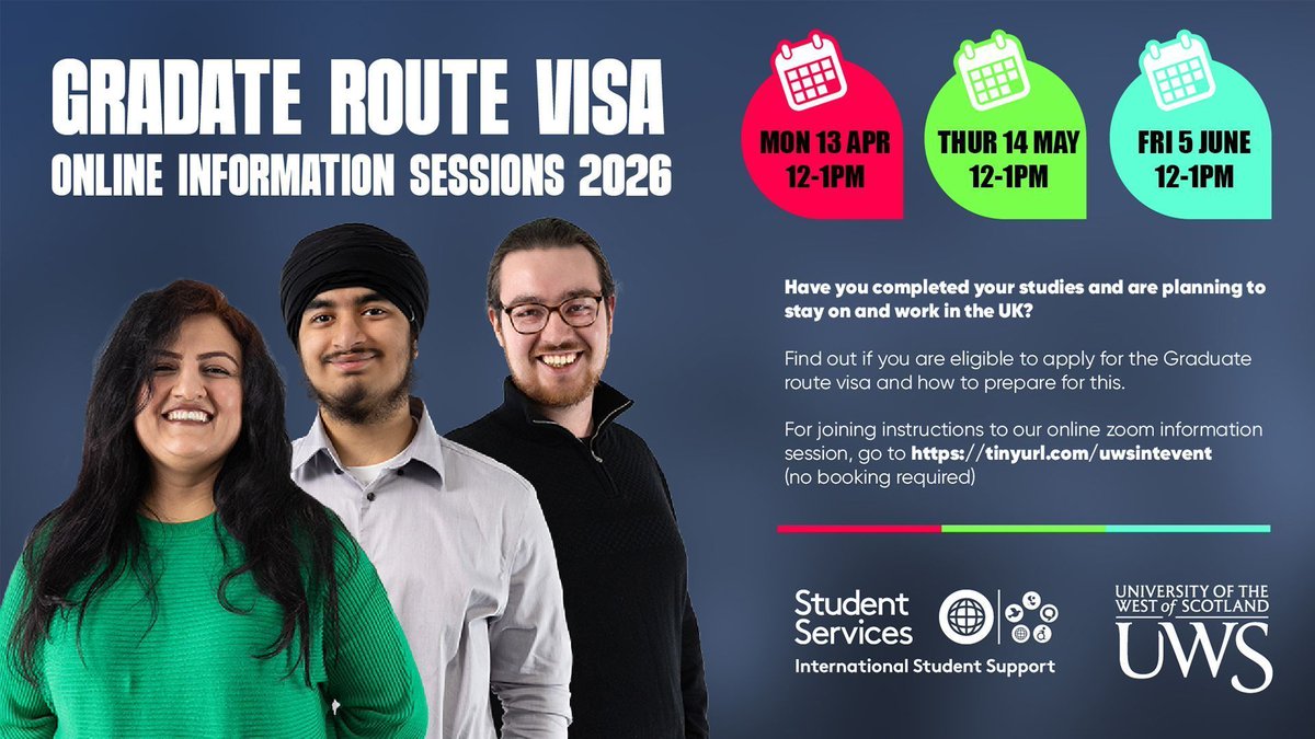 UWS_IntSupport's tweet photo. @UniWestScotland international students - need more info on the Graduate visa?  Join our online (Zoom) information session TODAY for advice:

📅Monday 13 April @ 12 noon

See https://t.co/4QwzkuhZj8 for Zoom joining details. https://t.co/tRb3OyopNu