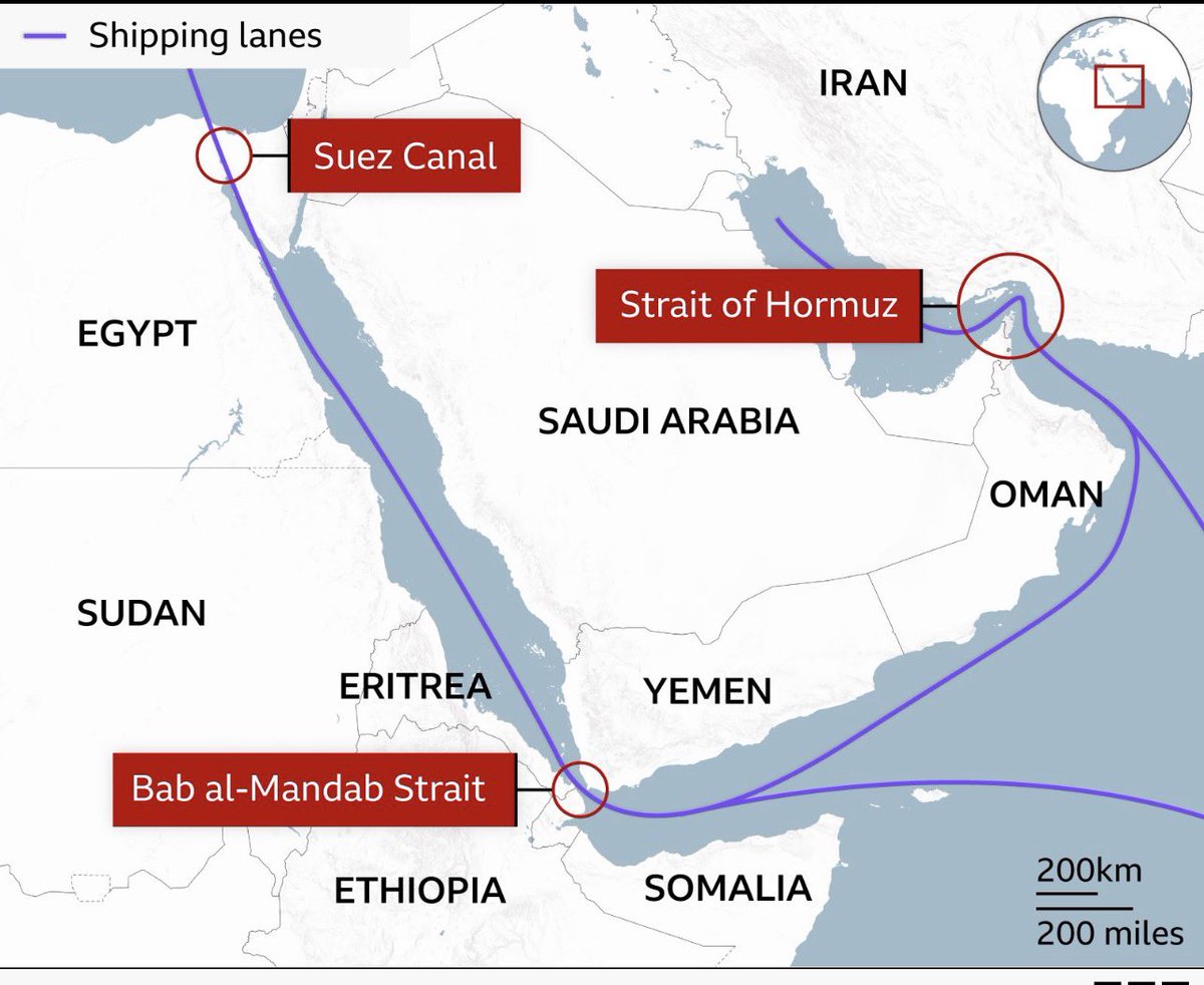 Jacobain555's tweet photo. If the US blocks the Strait of Hormuz, then Yemen will likely block the Bab al-Mandab to shut down the Red Sea. The assumption of escalation dominance is Trump's main miscalculation. https://t.co/gfU2Hk86VE