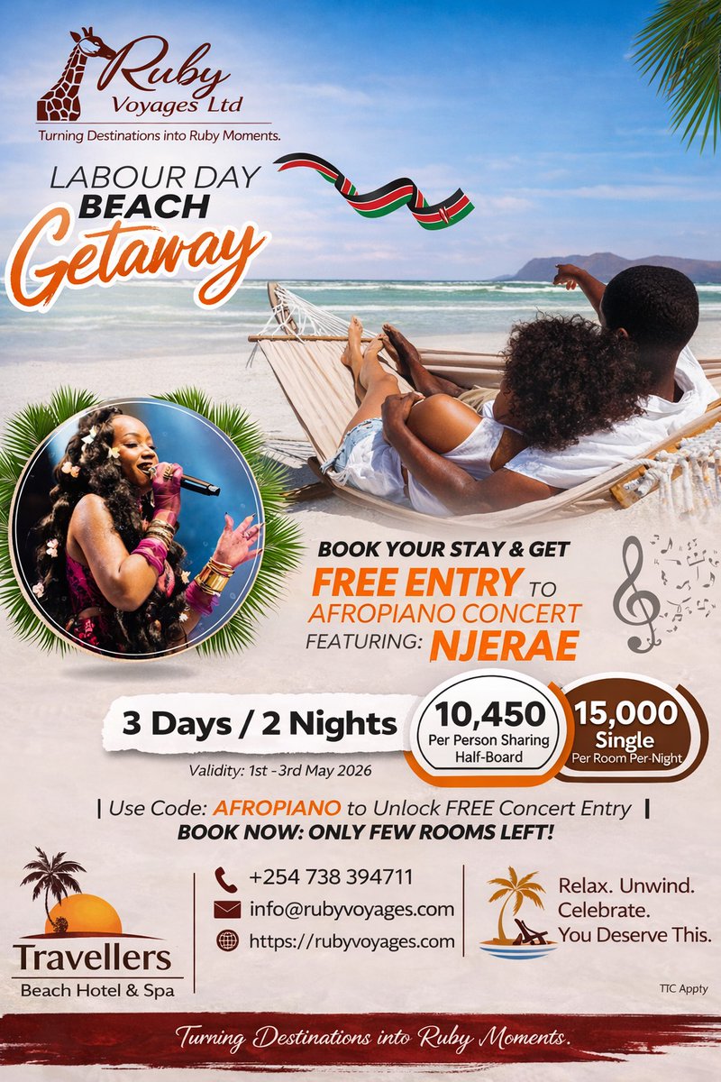RubyVoyages's tweet photo. 🎶 Labour Day weekend = beach + Afropiano. Njerae live. Free entry with code AFROPIANO. 🏖️ Travellers Beach Hotel. 3 days, 2 nights. Half-board. From KES 10,450 sharing. DM LABOURDAY. Details: https://t.co/LMgqI2KK9u

#labourday #mombasa #coupletravel https://t.co/oTVSW8sgUi