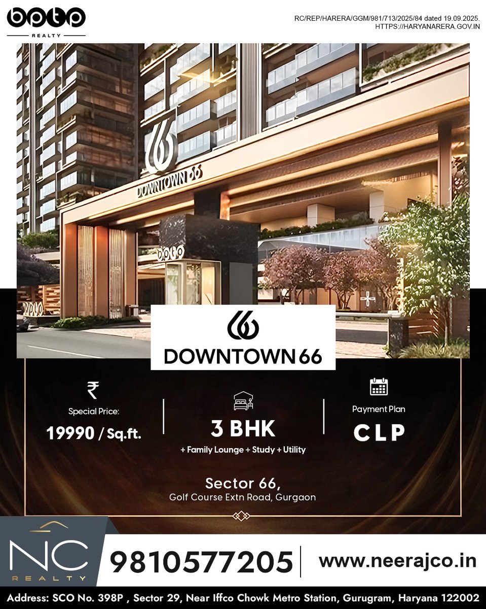 CoNeeraj45764's tweet image. 3 BHK Luxury #Apartments in #Gurgaon | Downtown 66
Discover premium homes at #Downtown66 by #BPTP Realty, located in Sector 66, Golf Course #ExtensionRoad, Gurgaon.

✔ 3 BHK + Study + Utility
✔ Special Price: ₹19,990/Sq.Ft.
✔ #CLPPaymentPlan
✔ Prime Location

#bptprealty #NC
