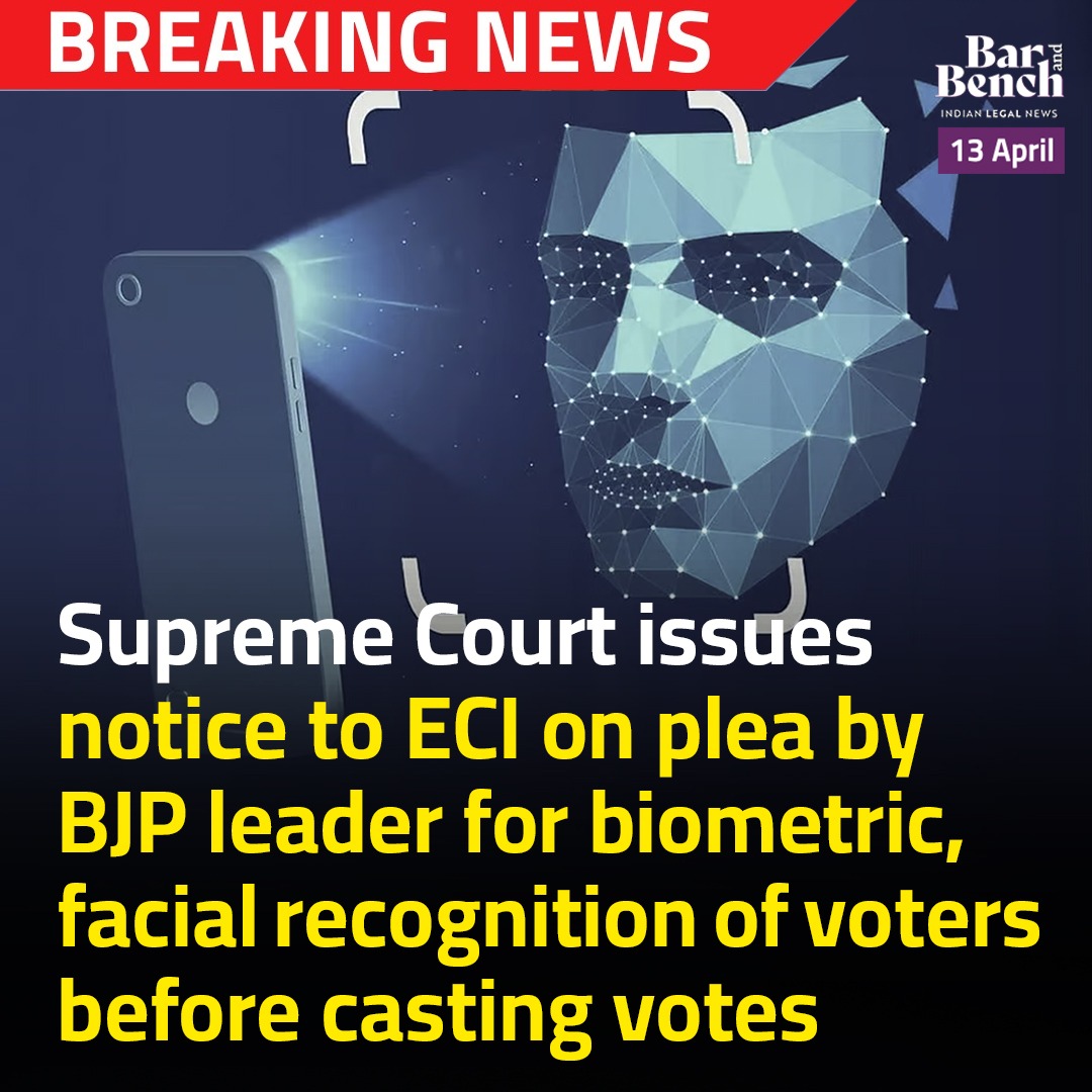 barandbench's tweet image. #BreakingNews
Supreme Court issues notice to ECI on plea by BJP leader for biometric, facial recognition of voters before casting votes

Read here: barandbench.com/news/supreme-c…