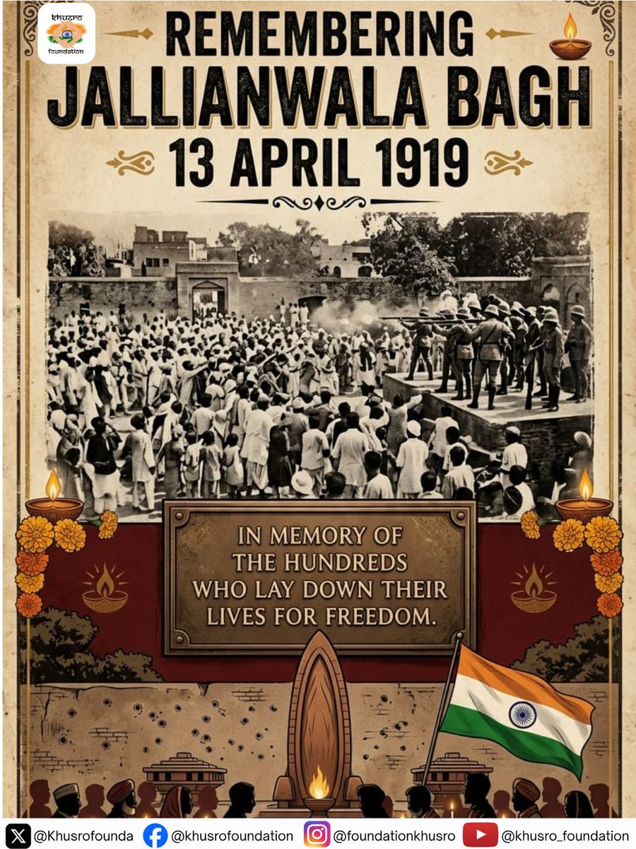 Khusrofounda's tweet photo. The Khusro Foundation pays solemn tribute to the martyrs of April 13, 1919, #JallianwalaBaghMassacre. A day that changed the course of our history forever. Rest in peace, brave souls.
#JallianwalaBagh #historyofindia #beforeindependence #forgottenpast #punjab #जलियांवाला_बाग_हत्याकांड #TheWakingOfANation @DrHafeezPasha @indianhistory