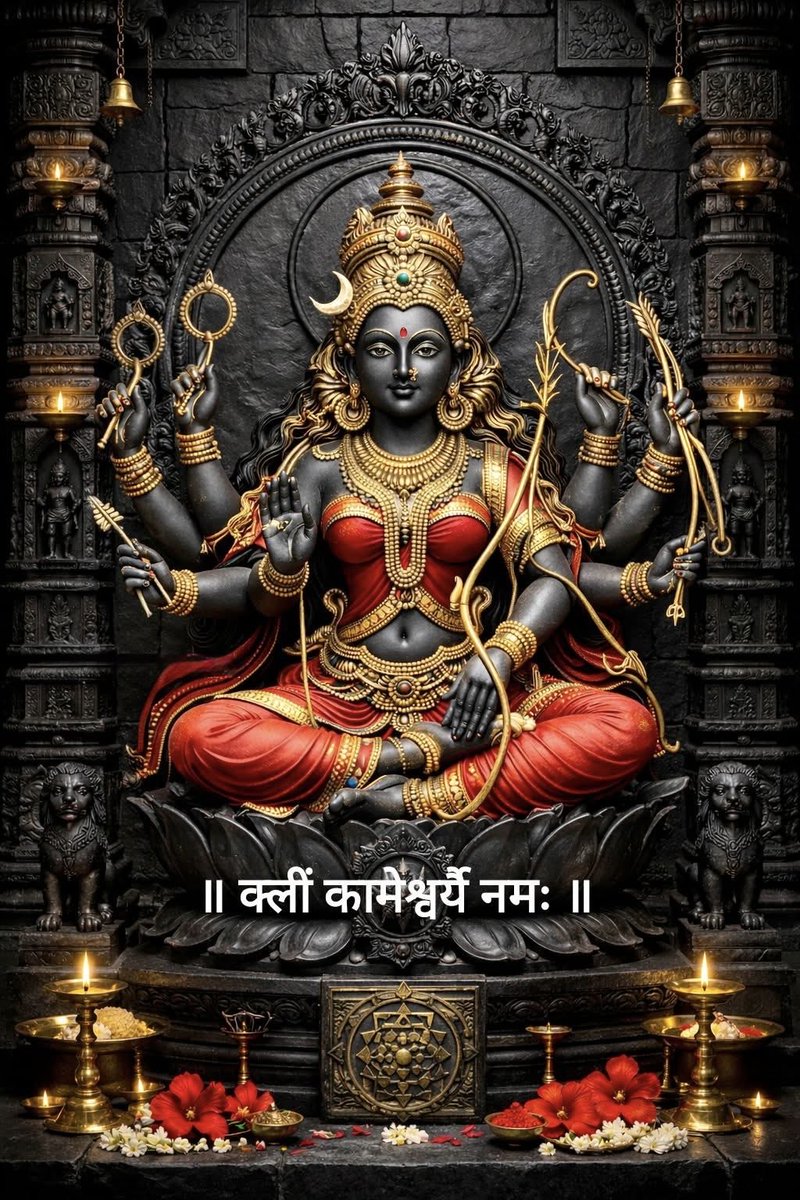 कामेश्वरी देवी – श्रीविद्या की प्रथम नित्या 🔱

कामेश्वरी षोडश नित्याओं में प्रथम और अत्यंत महत्वपूर्ण देवी मानी जाती हैं। यह माता त्रिपुरसुंदरी का ही एक दिव्य स्वरूप हैं, जो “इच्छा शक्ति” (Will Power) का प्रतिनिधित्व करती हैं।🧵