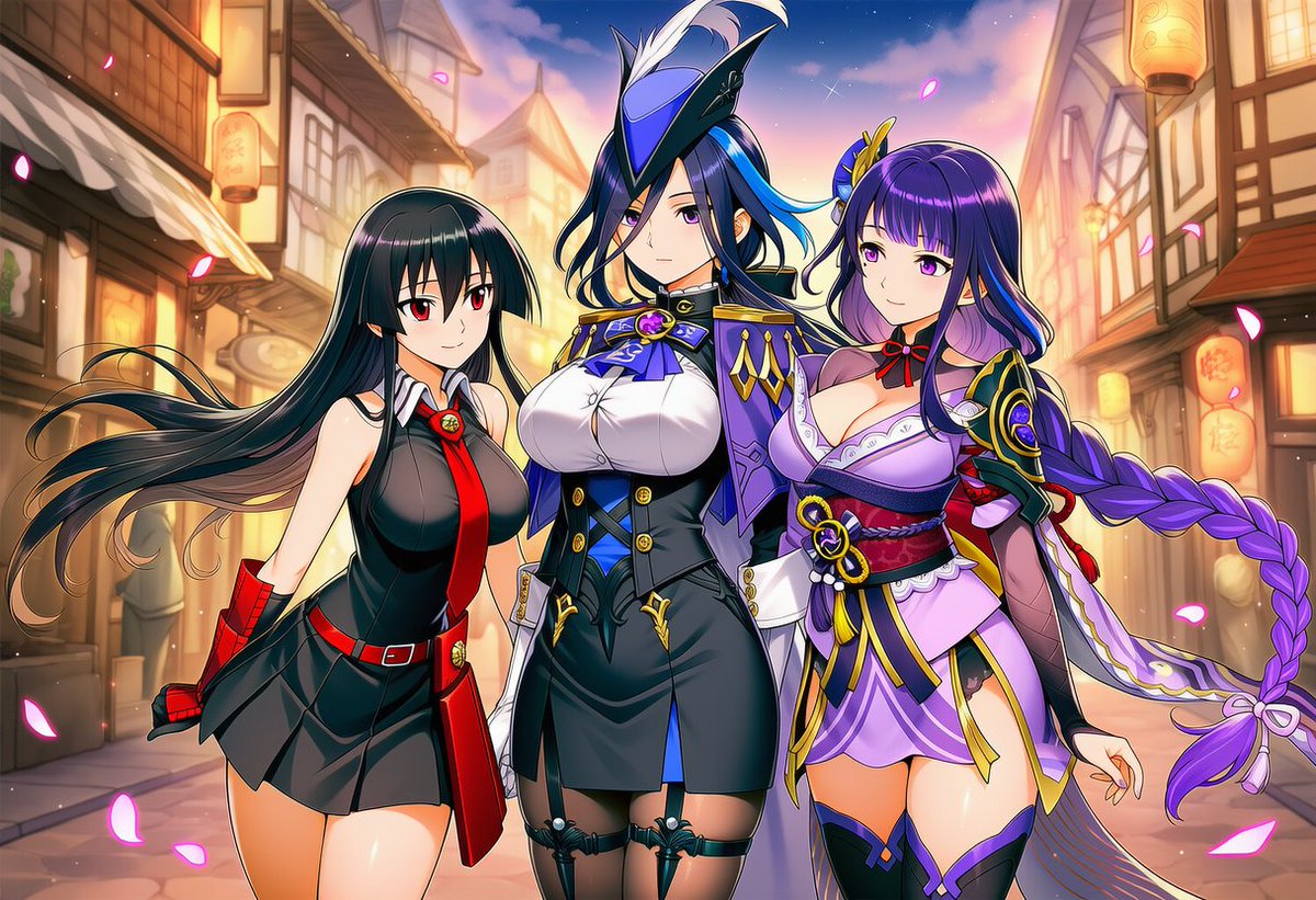 AkameCreation's tweet photo. Crossover preview: Akame ga Kill x Genshin Impact

Akame enters Inazuma City and meets Clorinde and Raiden. They have a pleasant time together.
#fanservice #Akame #genshinimpact #akamegakill #aianimeart #crossover #clorinde #Raiden #shogunraiden #sfw #illustration #Inazuma https://t.co/MwSu9RxZWk