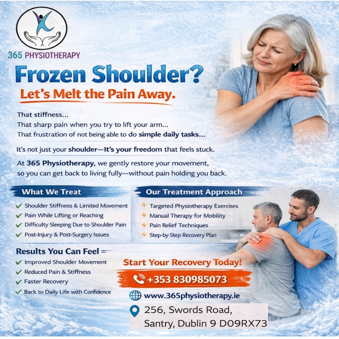 365physiosantry's tweet photo. Struggling with shoulder stiffness or sharp pain when lifting your arm?
At 365 Physiotherapy, we help you regain movement, reduce pain, and get back to doing what you love—comfortably and confidently.
Call now: +353830985073
#FrozenShoulder #365Physiotherapy #PainRelief https://t.co/9cwhWrJLd1