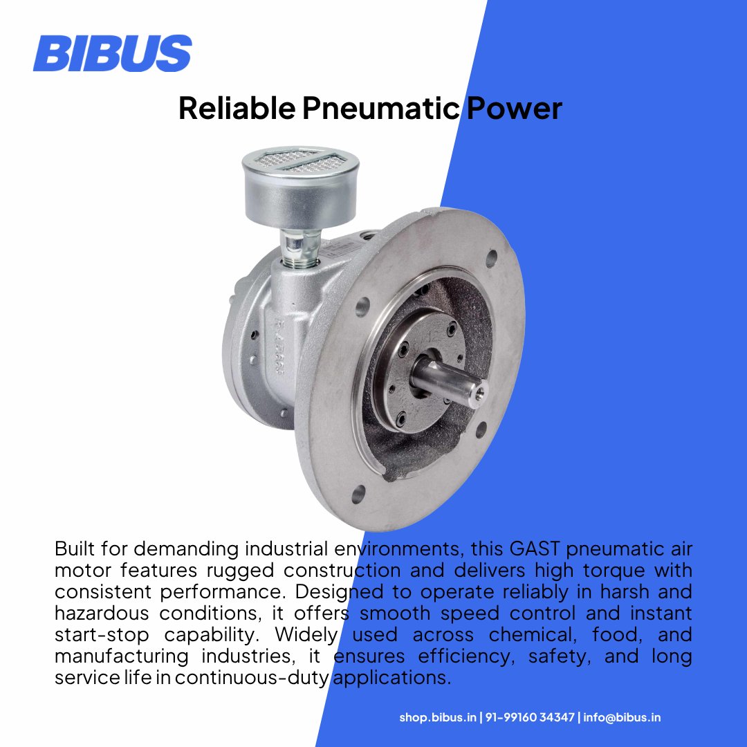bibusindia's tweet image. Built for demanding industrial environments, GAST pneumatic air motors deliver reliable torque, smooth speed control, &amp;amp; consistent performance where it matters most, available through BIBUS India. Learn more technology.bibus.com/in-en/products… #IndustrialSolutions #Automation #Manufacturing