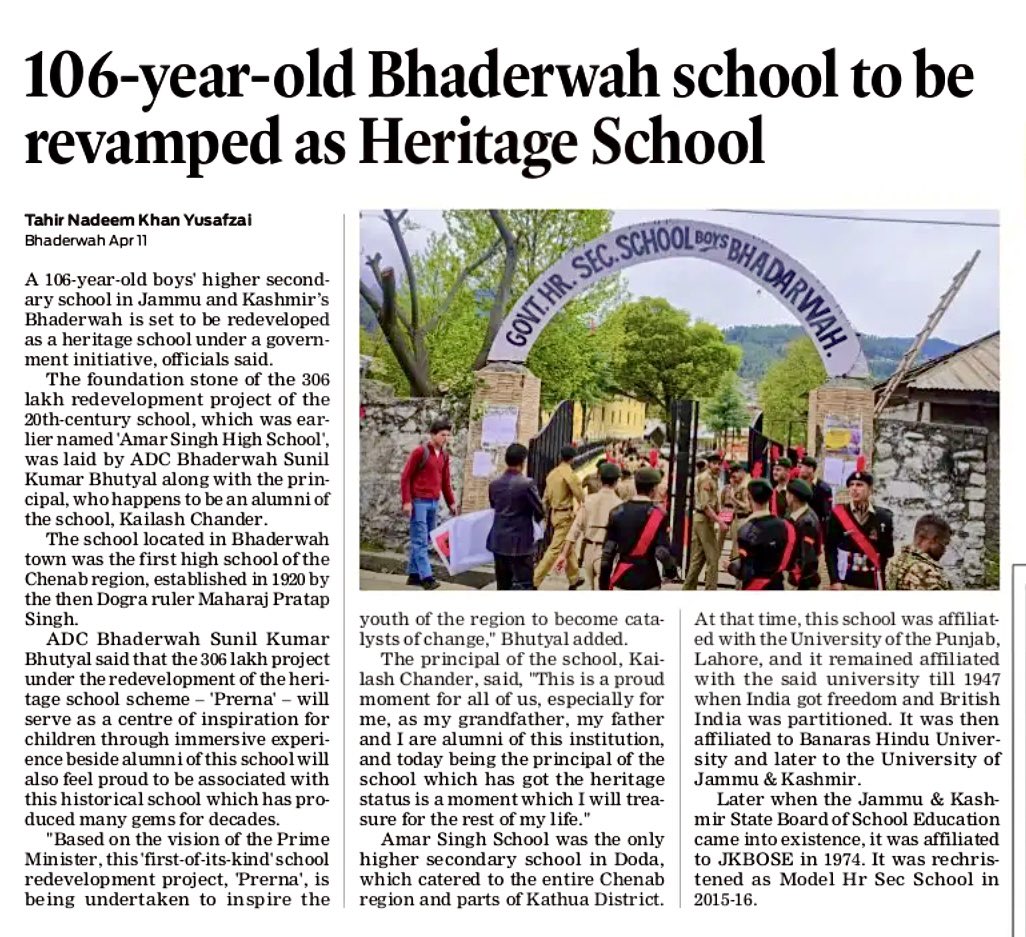 Martand_JK's tweet photo. A proud moment for Bhaderwah as the historic Amar Singh School (est. 1920) - founded during the Dogra period of Maharaja Pratap Singh Ji and named in honour of Raja Amar Singh Ji, enters a new era.

Its transformation from Govt. HSS Boys Bhaderwah into a Heritage School under Project ‘Prerna’ is not merely redevelopment, but a tribute to generations of excellence, discipline, and nation-building. This institution stands as one of the many contributions to education during the Dogra period in Jammu & Kashmir that continues to serve the people, reflecting a vision rooted in progress. 

As a descendant of Raja Amar Singh Ji, this moment carries deep pride and emotion - seeing this iconic institution regain its glory. In that spirit, restoring the institution’s original name is also an essential part of preserving its true heritage - perfectly aligned with the vision of Project ‘Prerna’ to celebrate and revive historical legacy in its fullest form.

#Heritage #Education #Legacy