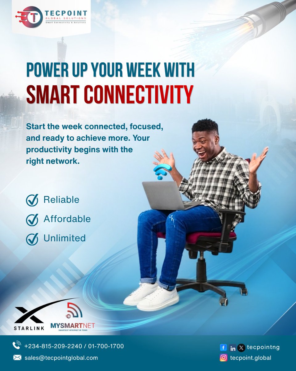 tecpoint_ng's tweet image. Power your week with fast, reliable internet that keeps you ahead. Stay connected, stay productive, and get more done without limits. ⚡🌐
TecPoint — a trusted provider of smart internet solutions.

#SmartConnectivity #TecPoint #StayConnected #MondayMotivation #FastInternet
