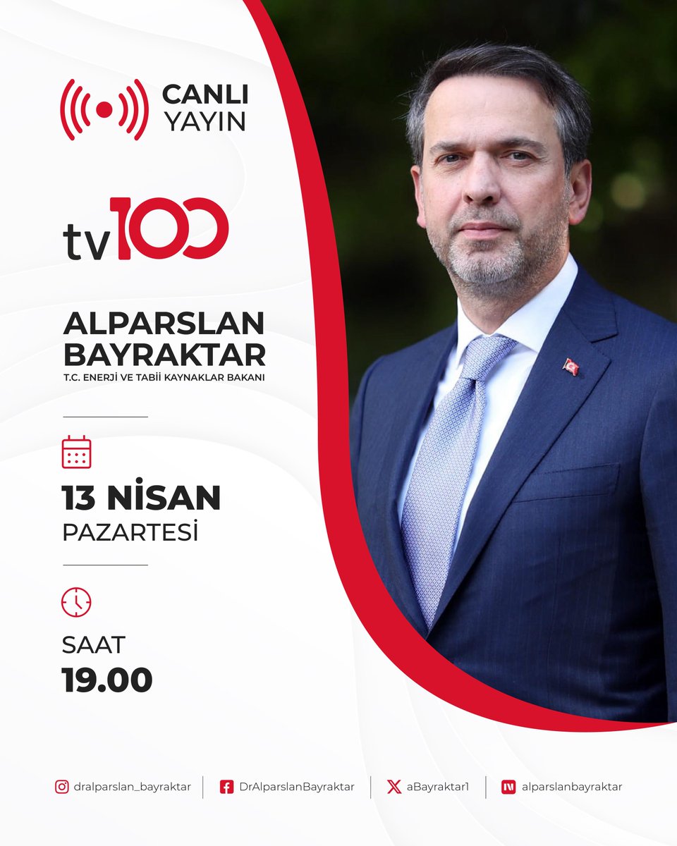 Bakanımız Sayın <a href="/aBayraktar1/">Alparslan Bayraktar</a>, bu akşam saat 19.00’da <a href="/tv100/">TV100</a> ekranlarında canlı yayın konuğu olacak.

🗓️ 13 Nisan
🕚 19.00
📺 TV100