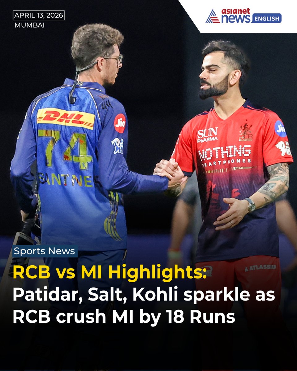 AsianetNewsEN's tweet image. RCB vs MI Highlights: Patidar, Salt, Kohli sparkle as RCB crush MI by 18 Runs | IPL 2026

🎥 youtu.be/PHvpjv2cDHk

#RCBvsMI #Highlights #IPL2026 #Cricket #RCB #MumbaiIndians #Sports