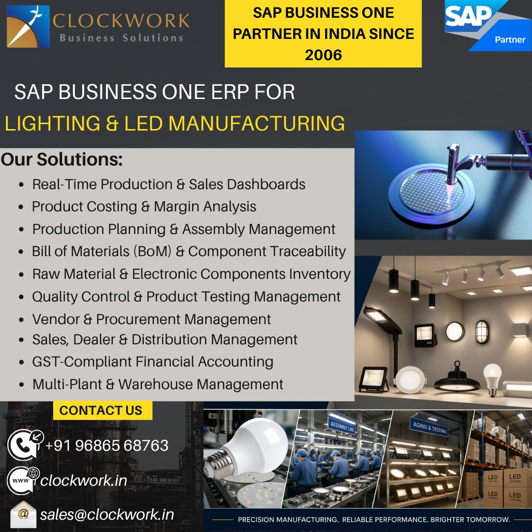 Clockwork2013's tweet image. Digitize your lighting &amp;amp; LED manufacturing business with SAP Business One from Clockwork

📞+91 96865 68763
📧sales@clockwork.in
🌐clockwork.in

#SAPBusinessOne #LEDManufacturing #LightingIndustry #ManufacturingERP
#ProductionPlanning #InventoryControl #GSTAccounting