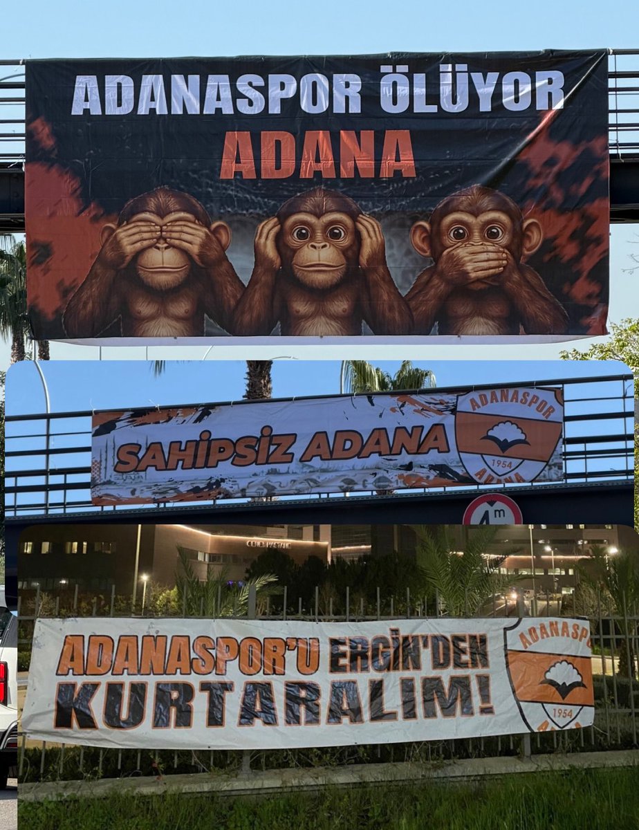 Adanaspor Taraftarları takımlarının sahipsiz bırakılmasını ve kulüp başkanı Ergin Göleli’nin Adanaspor’u yok etmeye doğru götürmesini duyurmak amacıyla şehrin bazı noktalarına pankartlar astı.