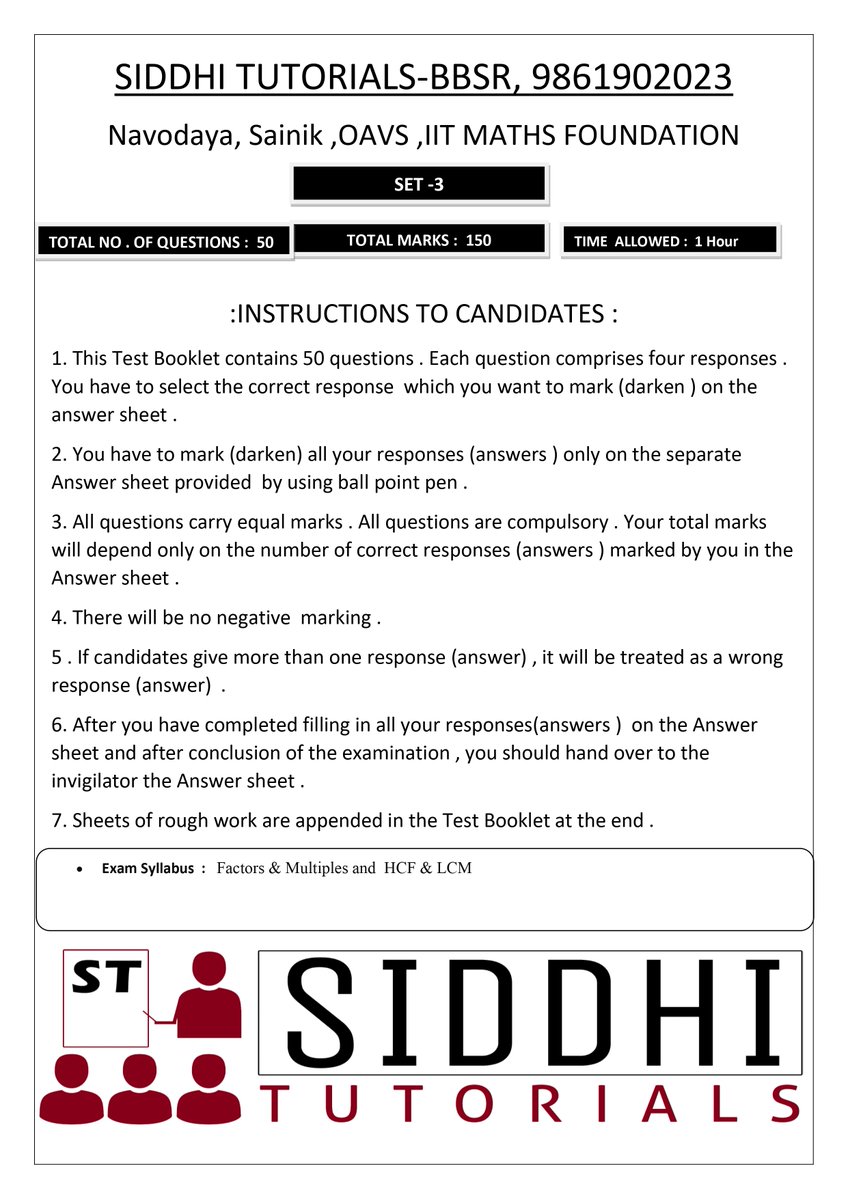 siddhi_tutorial's tweet image. Mock Test - 3 (Today!)
📘 Chapter: Factors, Multiples, HCF &amp;amp; LCM

🎯 Calling all SAINIK SCHOOL &amp;amp; NAVODAYA SCHOOL Aspirants!
🔥 Target: AISSEE 2027 | NAVODAYA 2027

#AISSEE2027 #Navodaya2027 #MockTest #MathPractice #SainikSchool #JNV #SuccessJourney #oavs #odishaadarshavidyalaya