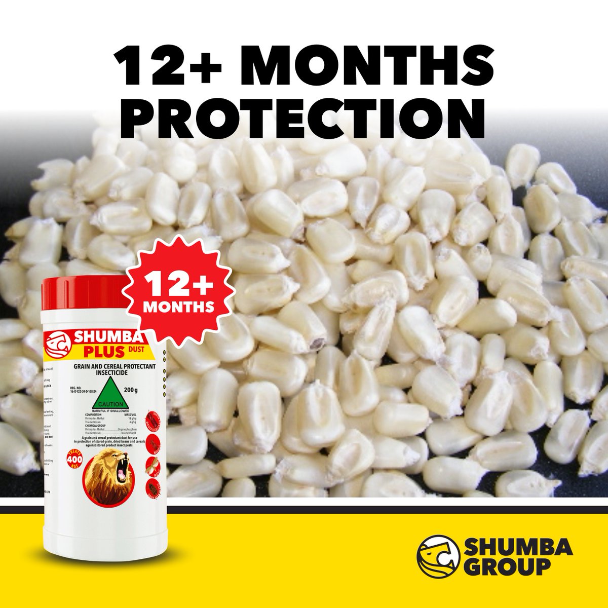 Storage insects can account for around 20 - 30% grain loss if left unmanaged - and that's food and income gone. Protect what you've harvested with SHUMBA PLUS DUST for maize, beans and small grains. 

Treat at storage time and get at least 12 months protection when used as