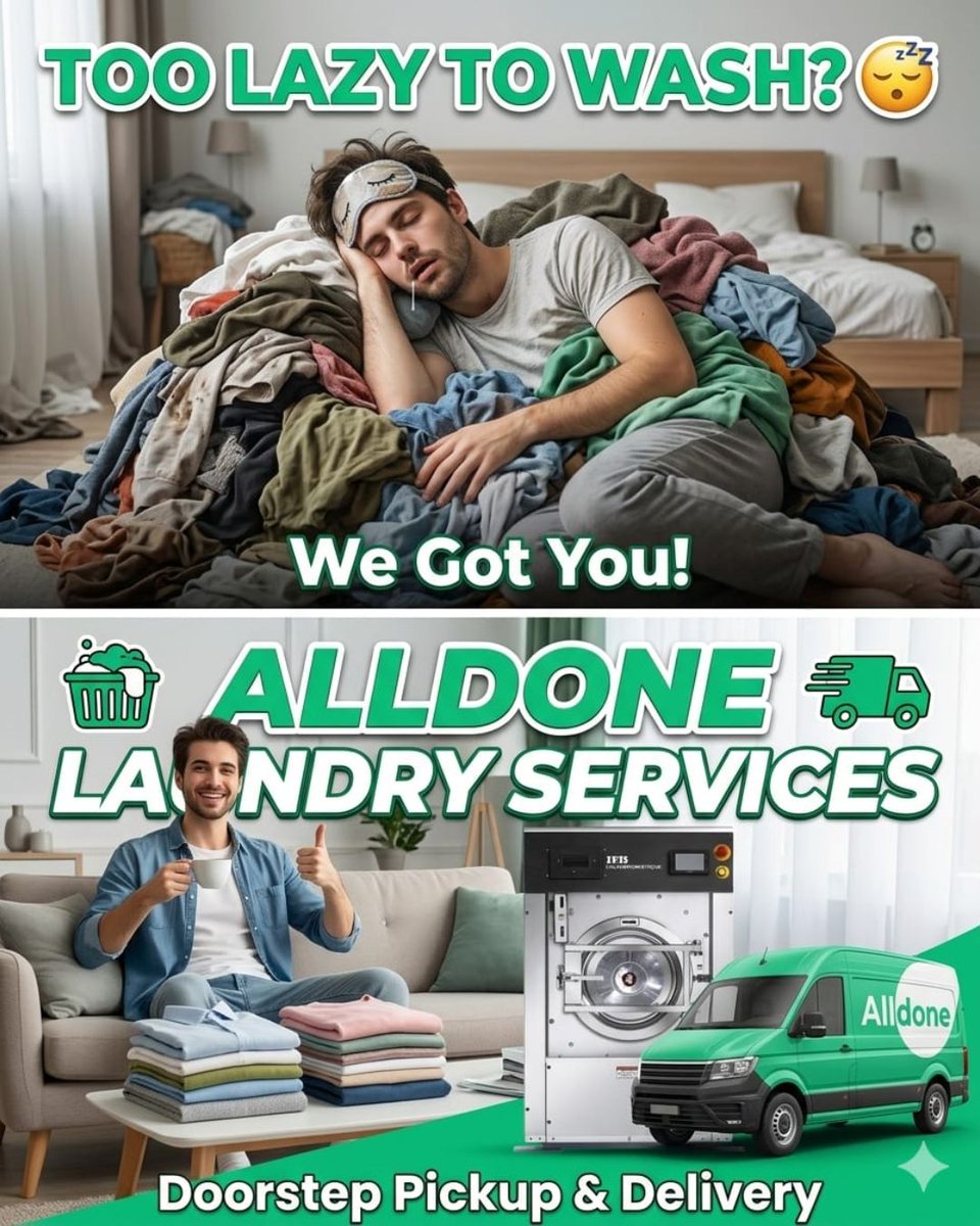 KAlldone90184's tweet image. Too lazy to wash? We get you. 😌🧺
Let Alldone handle the laundry while you sit back and relax—fresh clothes, zero effort.
#LazyDay #Alldone #WeGotYou #LaundryServices #NoStress #EasyLiving #FreshClothes #HassleFree #TimeSaver #RelaxMore