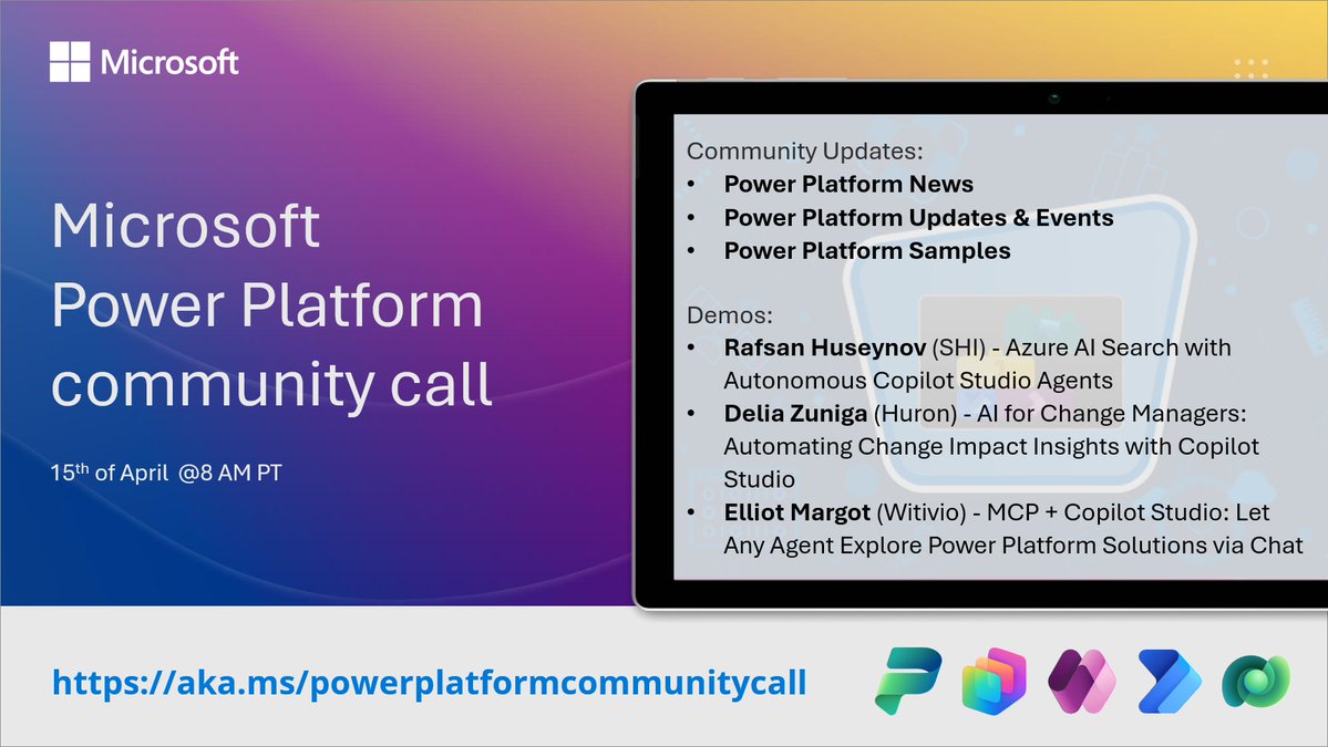SharePoint's tweet image. 📅 Agenda for the #Microsoft365 &amp;amp; #PowerPlatform Community call 15th of April

• The latest updates ⚡
• Focus on #PowerPlatform, #Copilot &amp;amp; #AI
• Presented by Rafsan Huseynov, Delia Zuniga &amp;amp; Elliot Margot

+more! 🚀

👋 Join the call → msft.it/6015QA80N