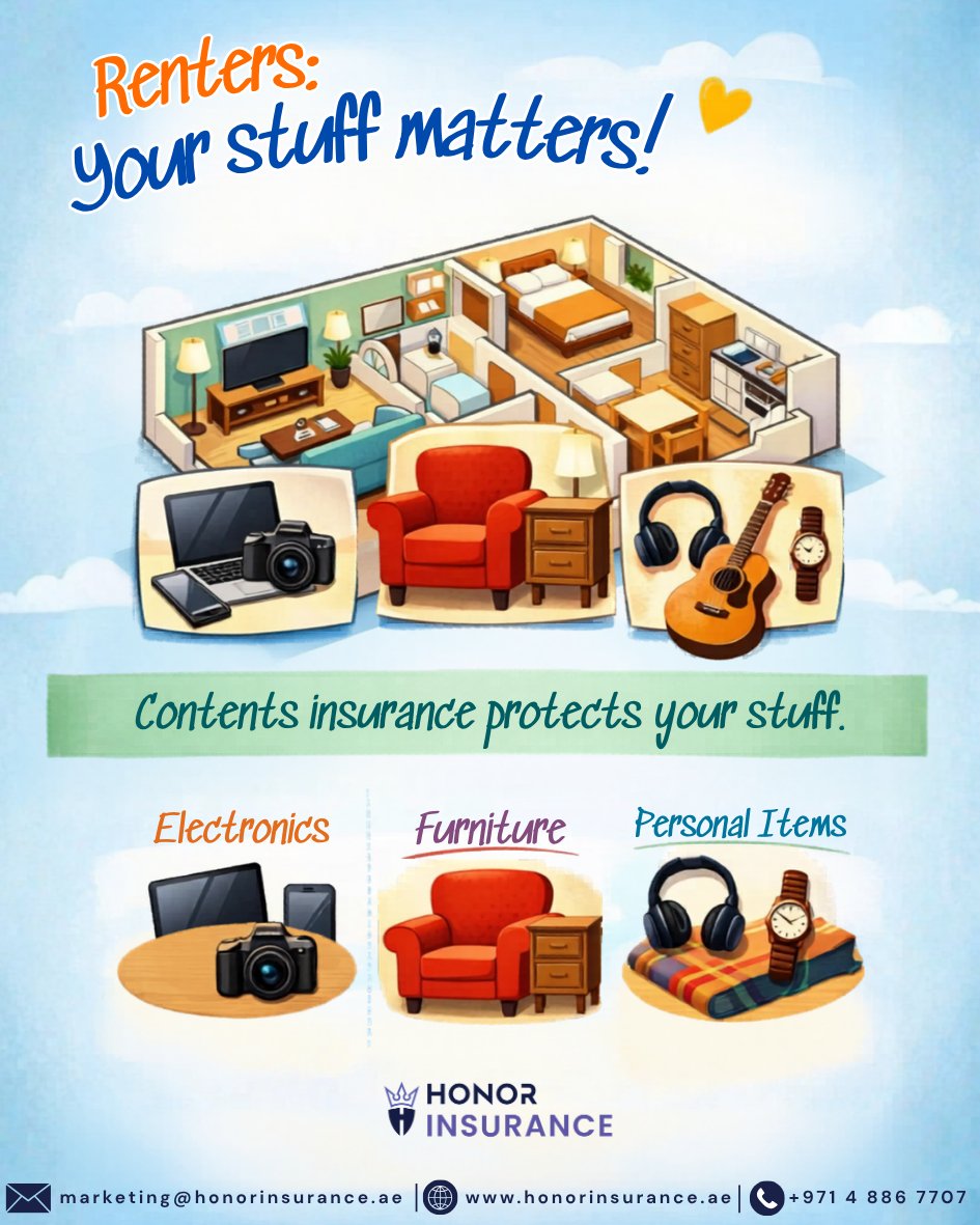 Honor_Insurance's tweet image. Even if you rent, your belongings have value. Contents cover can help protect electronics, furniture, and personal items from unexpected events. Ask us about options for your home.

#HomeInsurance #ContentsInsurance #RentersUAE #DubaiHomes #UAE #InsuranceBroker #HonorInsurance