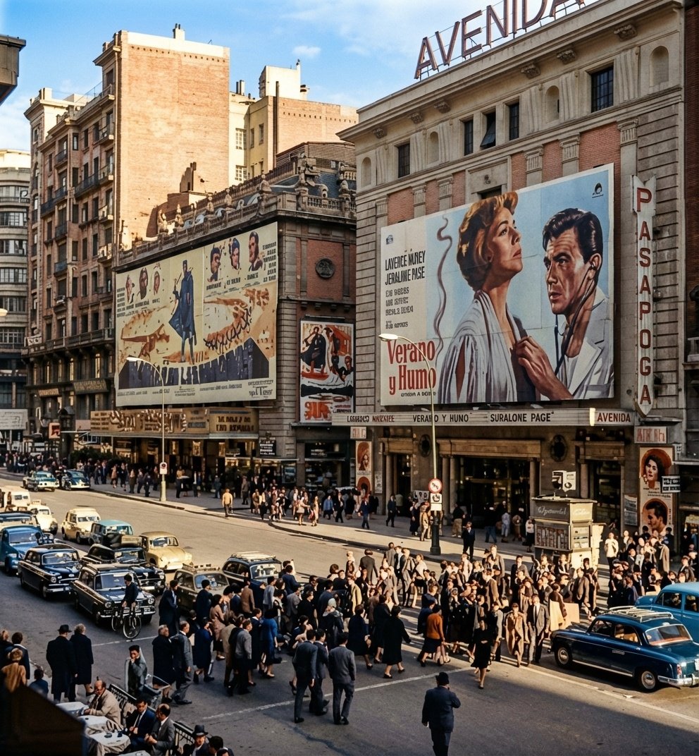 La Gran Vía cuando era la meca del cine madrileño en el año 1962. Coloreada.