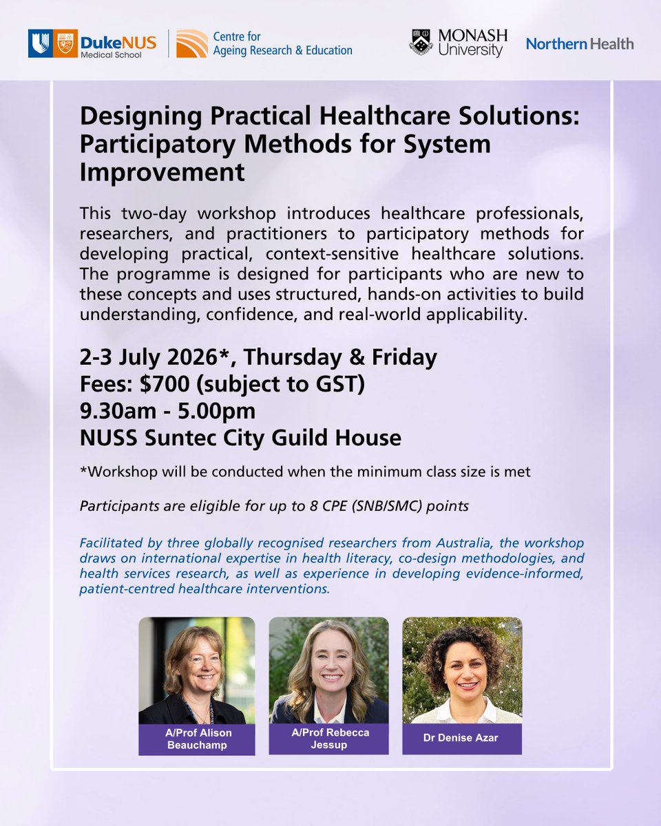 CAREDukeNUS's tweet photo. How can participatory methods shape better healthcare solutions? This two-day workshop equips you with the tools and confidence to apply these methods in real-world settings.

Register your interest here: https://t.co/KM2qJdBMnb

#workshop https://t.co/w7x85bDSfi
