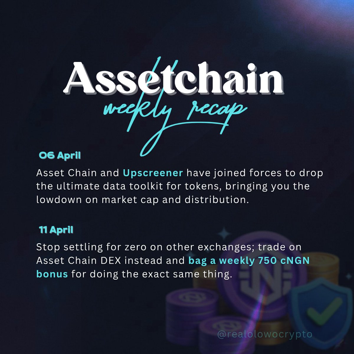 realolowocrypto's tweet image. GM CT,

It's a new week to stay productive, 
@rwaassetchain weekly Recap is here.