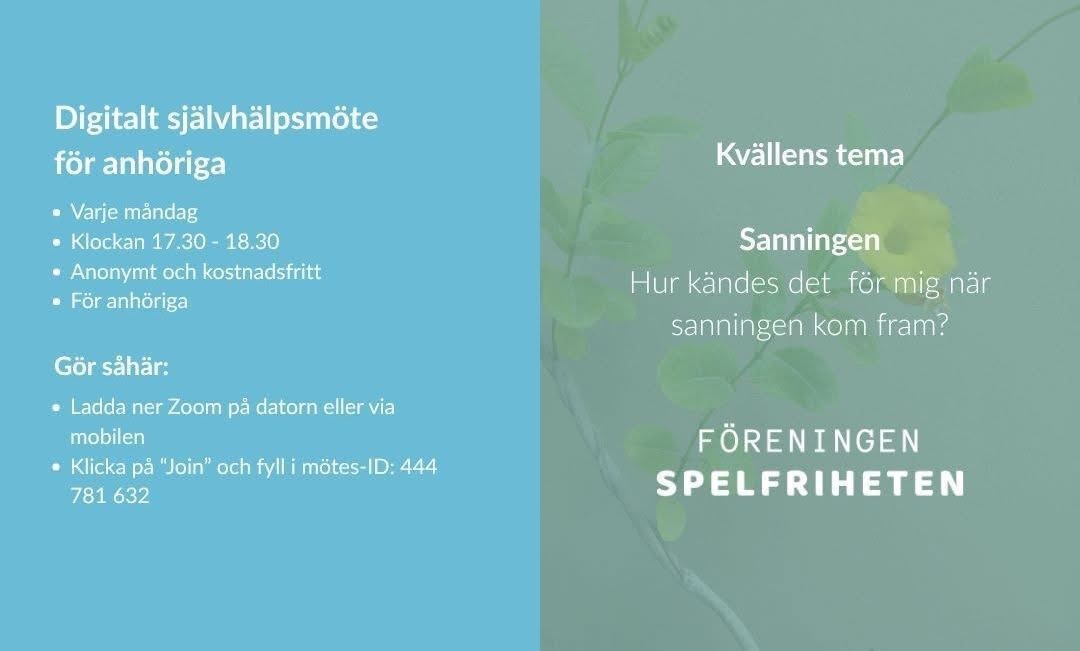 Kvällens tema på vårt nya öppna självhjälpsmöte riktat mot anhöriga handlar om sanningen. Hur kändes det för mig när sanningen kom fram? Dela dina tankar och erfarenheter mellan kl.17.30-18.30.

Tillsammans skapar vi igenkänning och hopp för anhöriga.

Välkommen in. 🤗