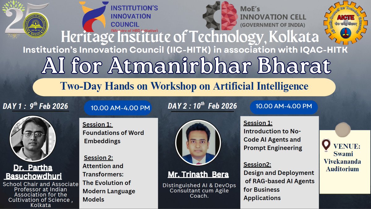 iic_hitk's tweet photo. AI for Atmanirbhar Bharat 🤖🇮🇳

IIC-HITK &amp; IQAC-HITK successfully conducted a 2-Day Hands-on AI Workshop (9–10 Feb 2026) featuring sessions on LLMs, Transformers, Prompt Engineering &amp; RAG-based AI Agents.
Empowering students with future-ready AI skills 🚀
#AIWorkshop #Atmanirbhar https://t.co/6Zh5ULjWVy
