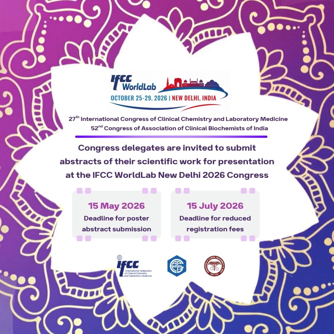 IFClinChem's tweet photo. Congress delegates are invited to submit abstracts of their scientific work
 
15 May 2026 - Deadline for abstracts submission
15 July 2026 - Deadline for reduced registration fees

#IFCC #IFCCWorldLab #ClinicalChemistry #LaboratoryMedicine #WorldLab2026 #NewDelhi https://t.co/Txa9gLyzDi