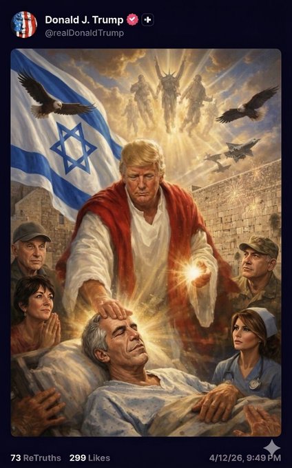 OfficialElftown's tweet photo. @MarioNawfal Trump took an old fan image and changed an angel into Lucifer (as seen on his crown, known from Lucifer as the Statue of Liberty).

Time to remove all parts of the Epstein Class: What would Jesus do? https://t.co/UoPm9NDLpy