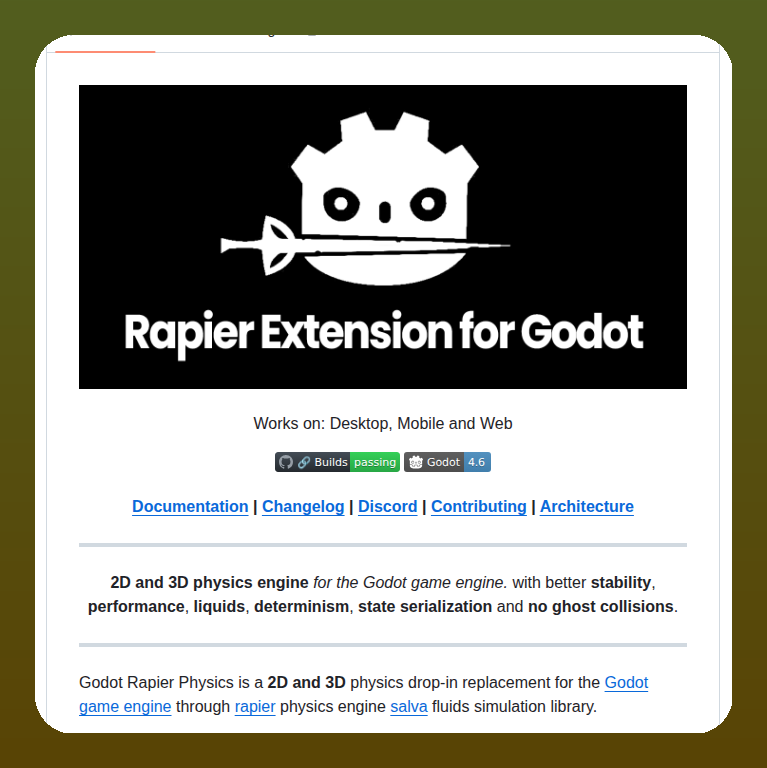 tom_doerr's tweet image. 2D and 3D physics engine for Godot

github.com/appsinacup/god…