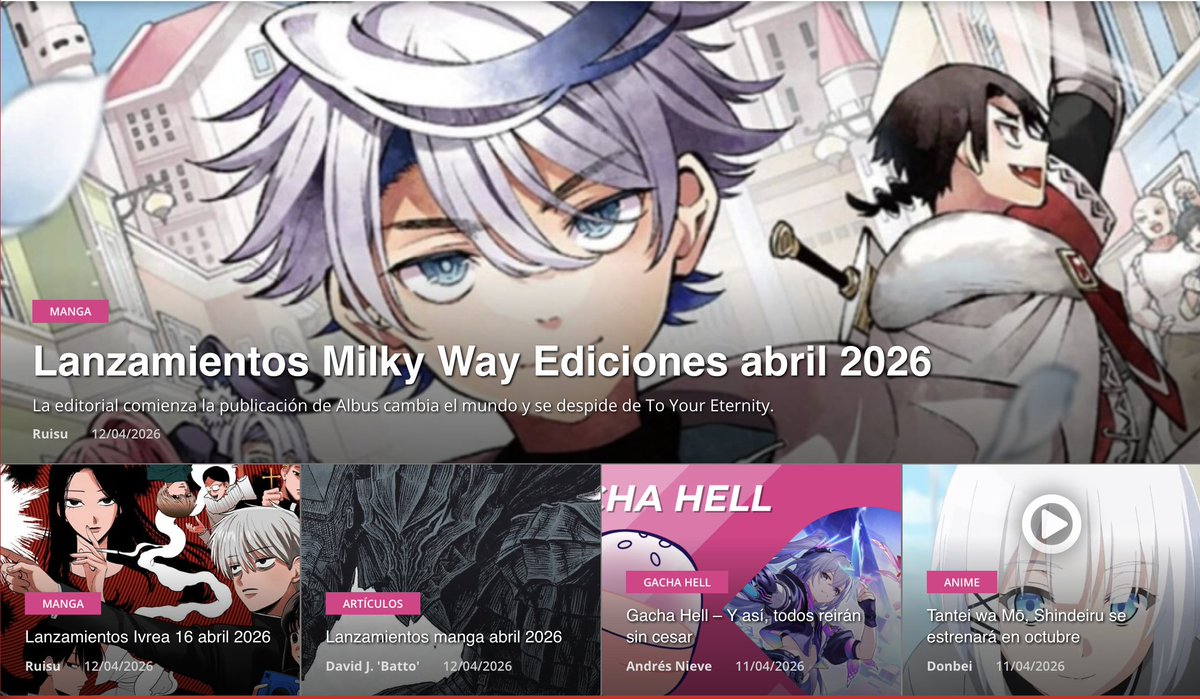 RamenParaDos's tweet photo. 🗞️ #HoyEnPortada

Lanzamientos de @mwediciones en abril 🆕, lanzamientos de la semana de @ivrea 📘, todas las novedades de abril 📚, nuestra última entrega de #GachaHell 🎮 y Tantei wa Mō Shindeiru en octubre @crunchyroll_es 📺

👉 Todo esto en https://t.co/sGi8ZO1HZR https://t.co/SdkM3hKm0a