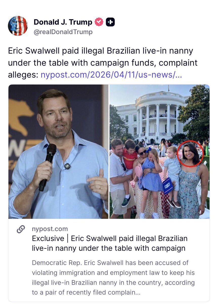 STORM_RIDER01's tweet photo. 🚨 SWALWELL BUSTED AGAIN.

President Trump just posted this:
Eric Swalwell paid an illegal Brazilian live-in nanny under the table using campaign funds, according to a new complaint. https://t.co/XQO6vUHT1B